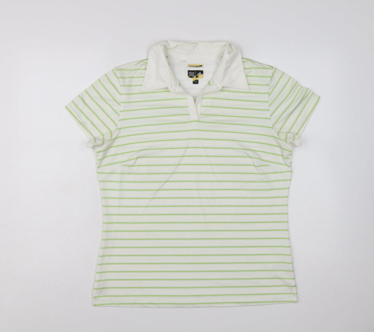 Adidas Womens White Green Striped Polo Shirt Size L ClimaCool