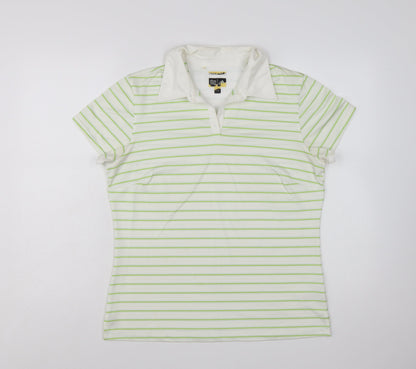Adidas Womens White Green Striped Polo Shirt Size L ClimaCool