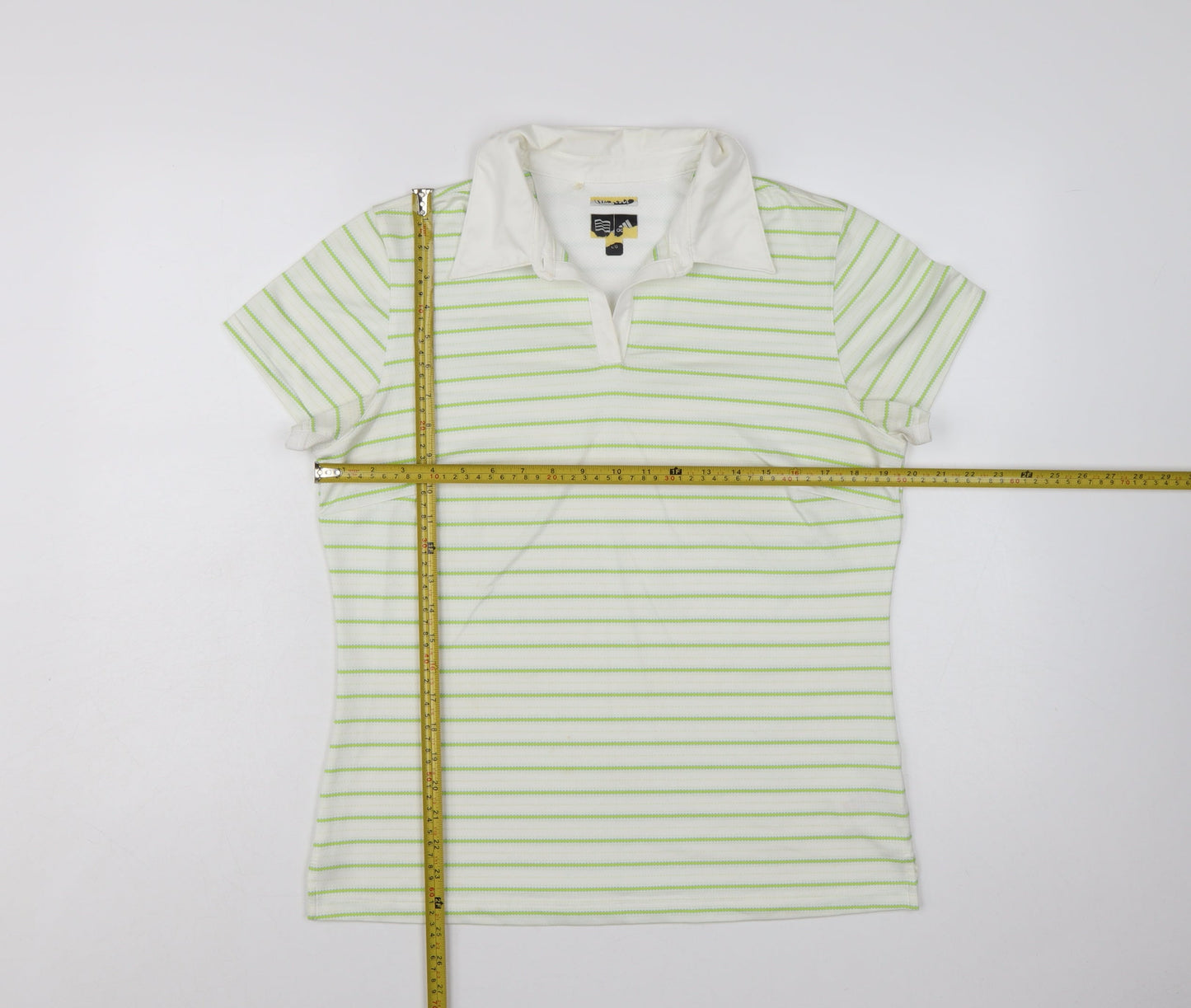 Adidas Womens White Green Striped Polo Shirt Size L ClimaCool