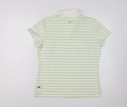 Adidas Womens White Green Striped Polo Shirt Size L ClimaCool