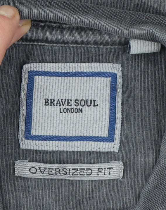 Brave Soul Men's Grey Oversized Fit Cotton Crew Neck T-Shirt Size M