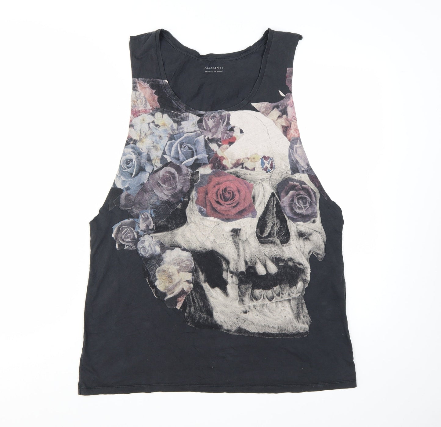 AllSaints Womens Black Skull Floral Tank Top 2XL Gothic Rock Vest