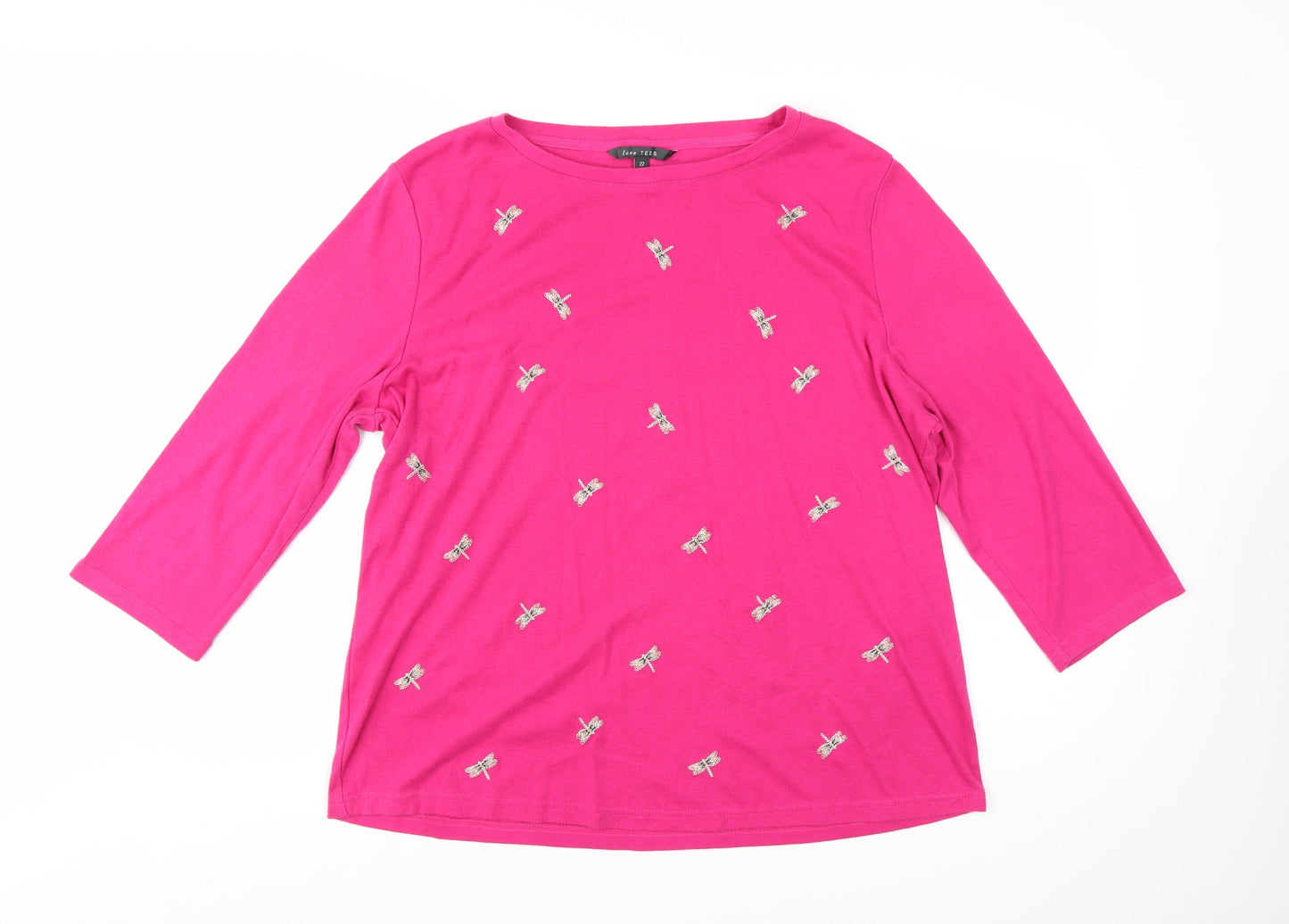 Love TEES Women's Pink Embroidered Dragonfly 3/4 Sleeve T-Shirt Size 22