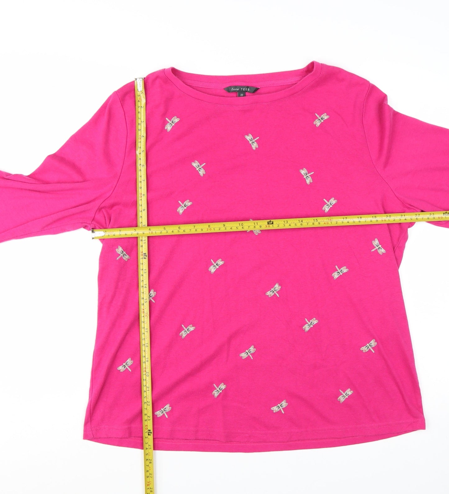 Love TEES Women's Pink Embroidered Dragonfly 3/4 Sleeve T-Shirt Size 22