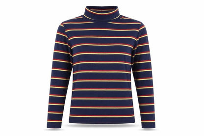 Pop England Women's Blue Striped Roll Neck Long Sleeve Cotton Top Size S