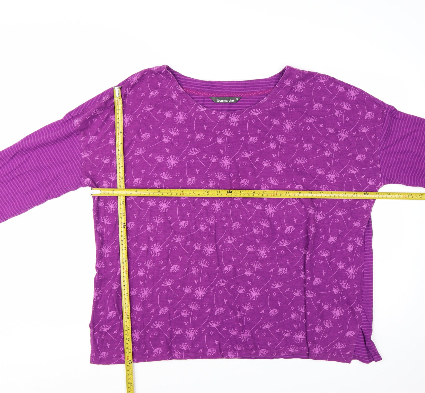 Bonmarché Women Purple Floral Striped 3/4 Sleeve Jersey Top Size 22
