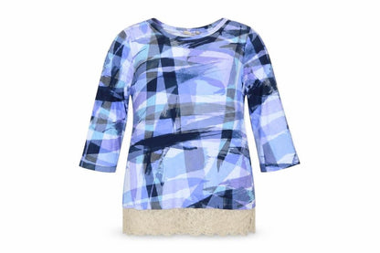 Lori Goldstein Women's Blue Check Lace Hem Tunic Blouse Size M