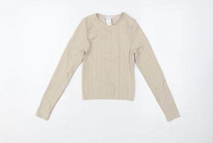 Stradivarius Women Beige Slim Fit Long Sleeve Basic Knit Top Size S