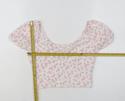 Hollister Women White Floral Cropped Blouse S Lightweight Puff Sleeve