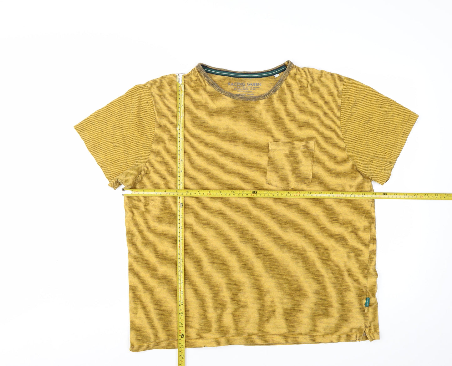 Racing Green Men's Yellow Striped Cotton Crew Neck T-Shirt Size L