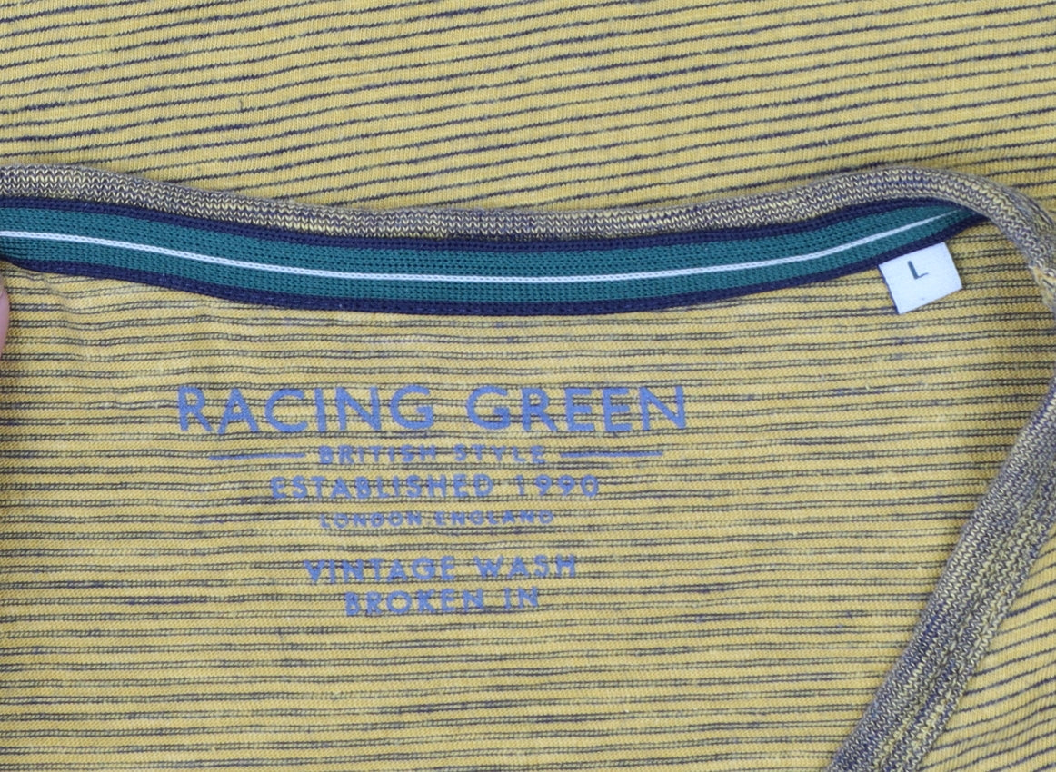 Racing Green Men's Yellow Striped Cotton Crew Neck T-Shirt Size L