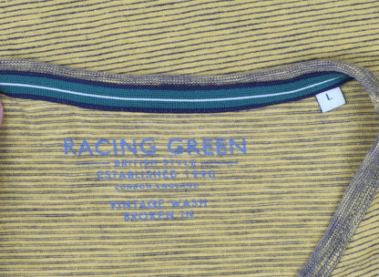 Racing Green Men's Yellow Striped Cotton Crew Neck T-Shirt Size L