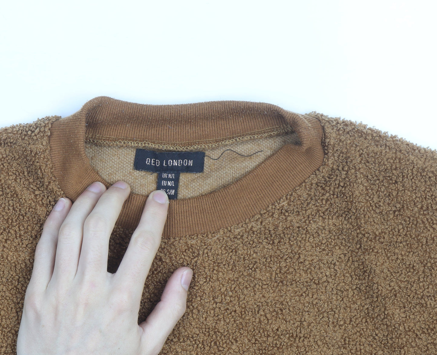 QED London Men's Brown Crew Neck Fleece Jumper M/L Relaxed Fit