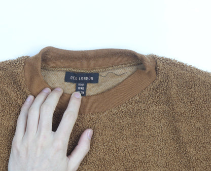 QED London Men's Brown Crew Neck Fleece Jumper M/L Relaxed Fit