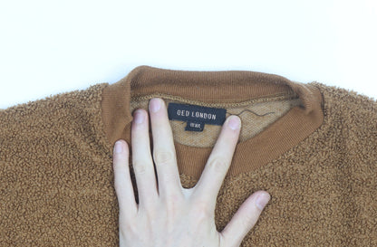 QED London Men's Brown Crew Neck Fleece Jumper M/L Relaxed Fit