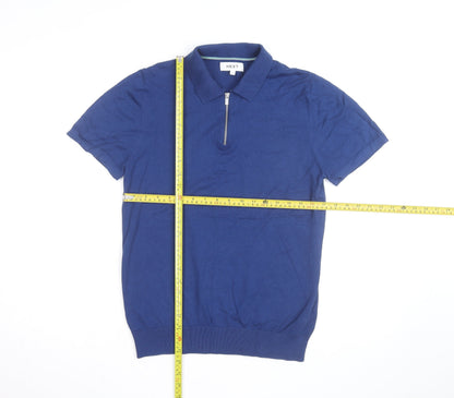 Next Men’s Blue Cotton Silk 1/4 Zip Short Sleeve Polo Shirt Size S