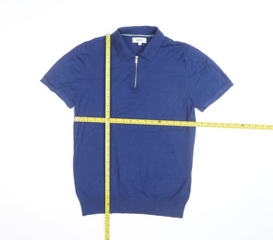 Next Men’s Blue Cotton Silk 1/4 Zip Short Sleeve Polo Shirt Size S