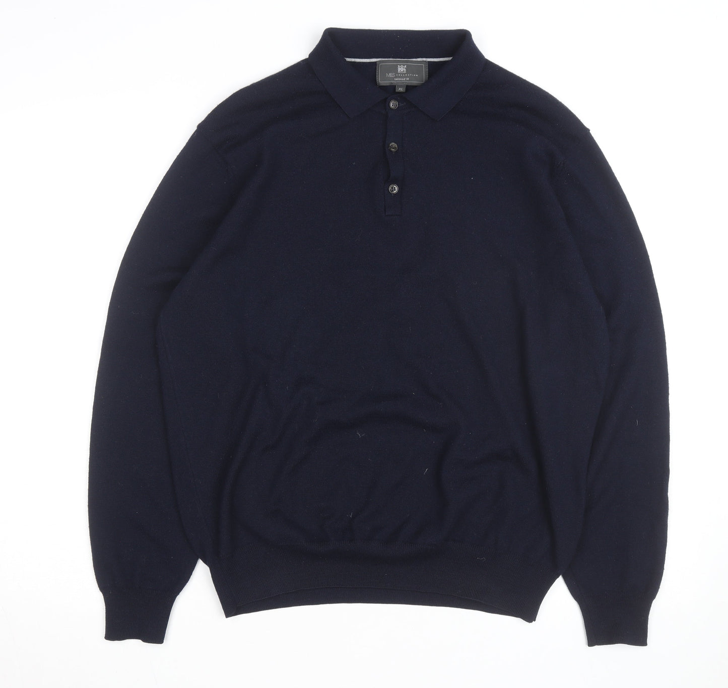 Marks and Spencer Men's Blue Wool Long Sleeve Tailored Fit Polo Shirt XL