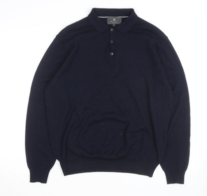 Marks and Spencer Men's Blue Wool Long Sleeve Tailored Fit Polo Shirt XL