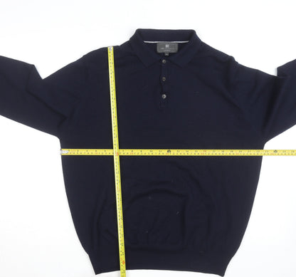 Marks and Spencer Men's Blue Wool Long Sleeve Tailored Fit Polo Shirt XL