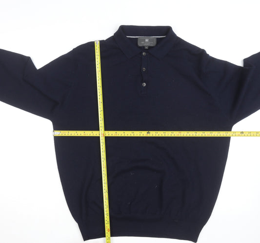 Marks and Spencer Men's Blue Wool Long Sleeve Tailored Fit Polo Shirt XL