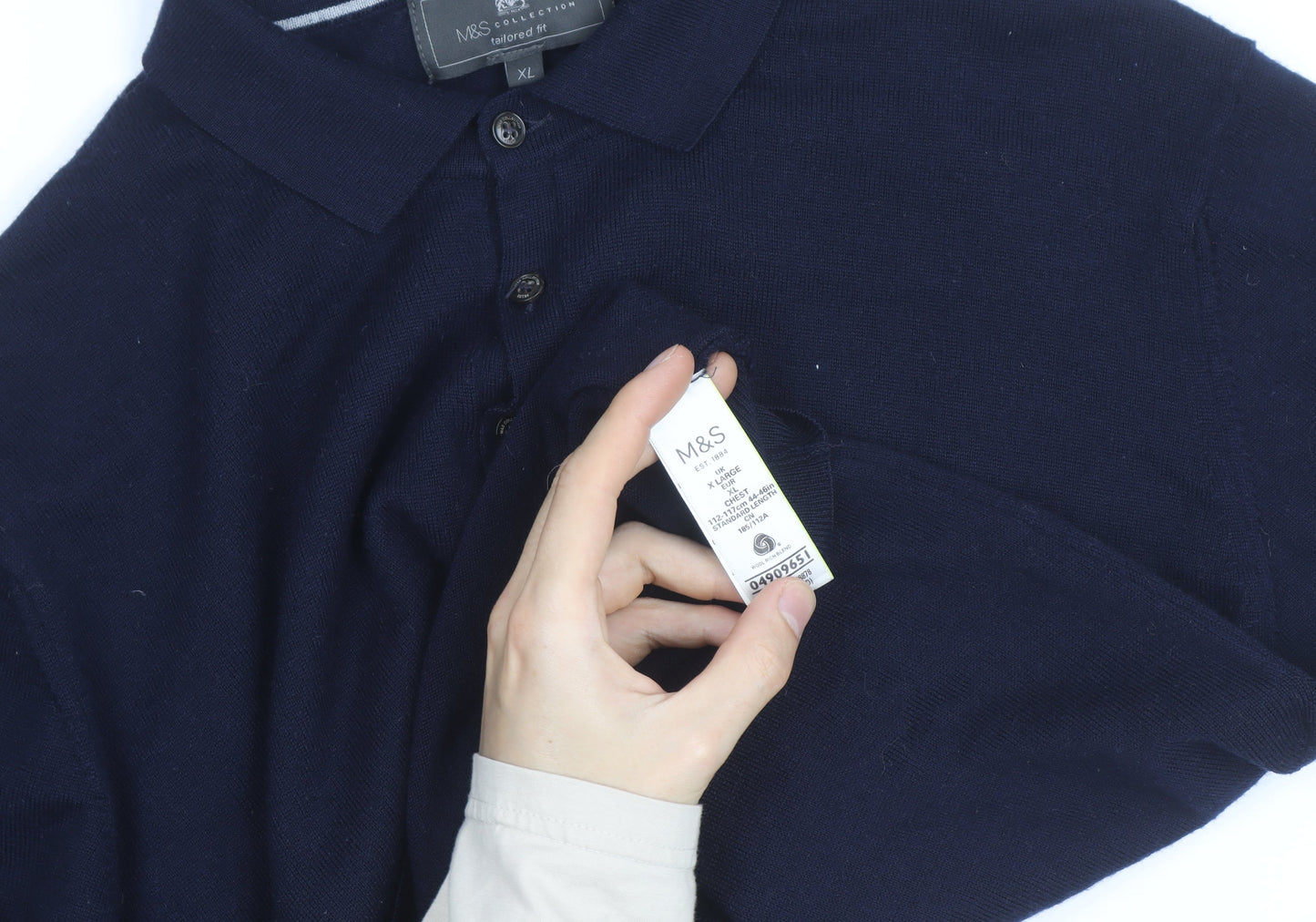 Marks and Spencer Men's Blue Wool Long Sleeve Tailored Fit Polo Shirt XL