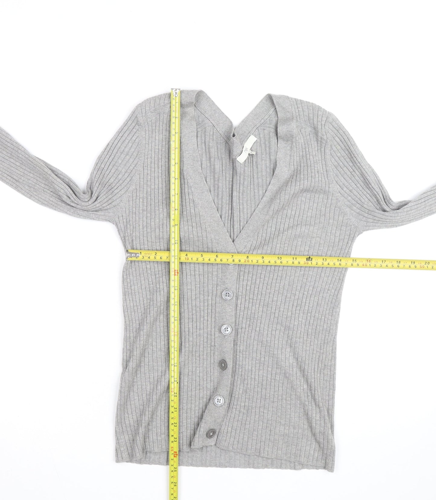 Next Womens Grey V-Neck Ribbed Knit Button Cardigan Size 14