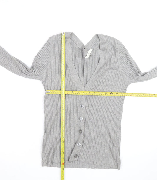 Next Womens Grey V-Neck Ribbed Knit Button Cardigan Size 14