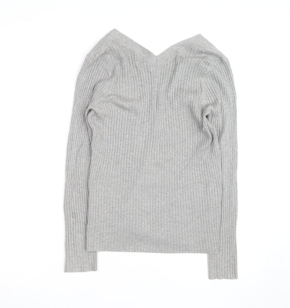 Next Womens Grey V-Neck Ribbed Knit Button Cardigan Size 14