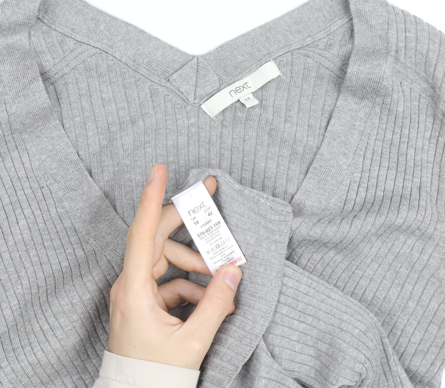 Next Womens Grey V-Neck Ribbed Knit Button Cardigan Size 14