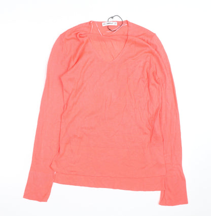 Zara Women Coral V-Neck Lightweight Long Sleeve Pullover Jumper XS