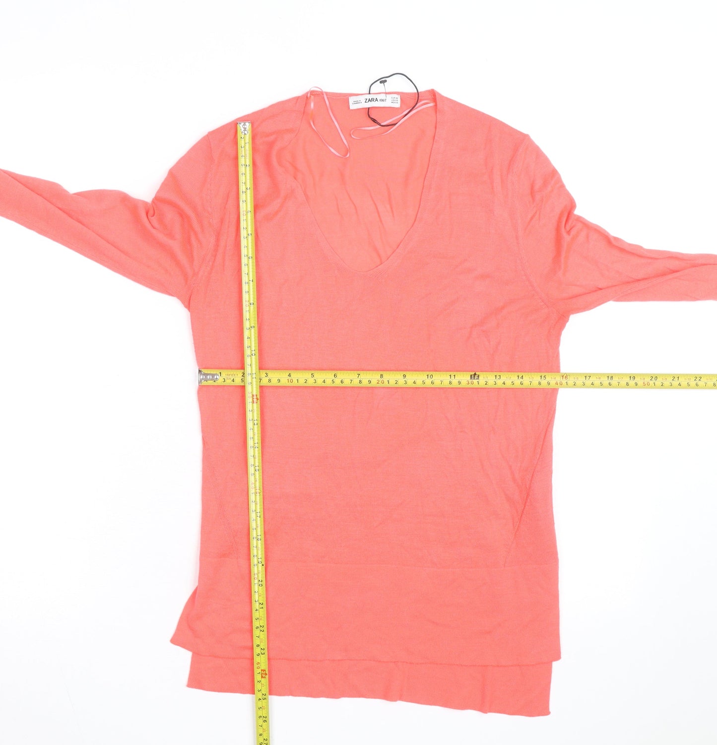 Zara Women Coral V-Neck Lightweight Long Sleeve Pullover Jumper XS