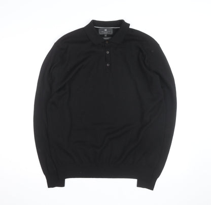 Marks and Spencer Mens Black Merino Wool Long Sleeve Polo XL Classic Fit
