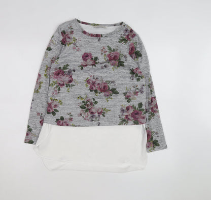 Oasis Women Grey Floral Pullover Jumper XS Long Sleeve Knit