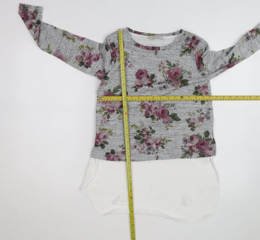 Oasis Women Grey Floral Pullover Jumper XS Long Sleeve Knit