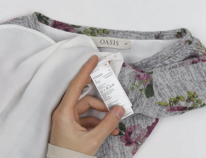 Oasis Women Grey Floral Pullover Jumper XS Long Sleeve Knit
