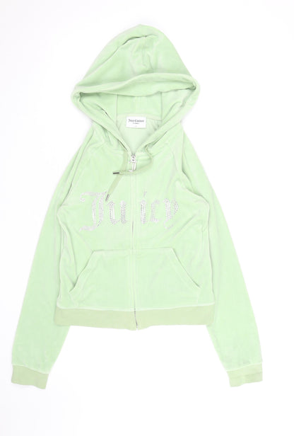 Juicy Couture Womens Green Velour Full Zip Hoodie S Rhinestone Logo
