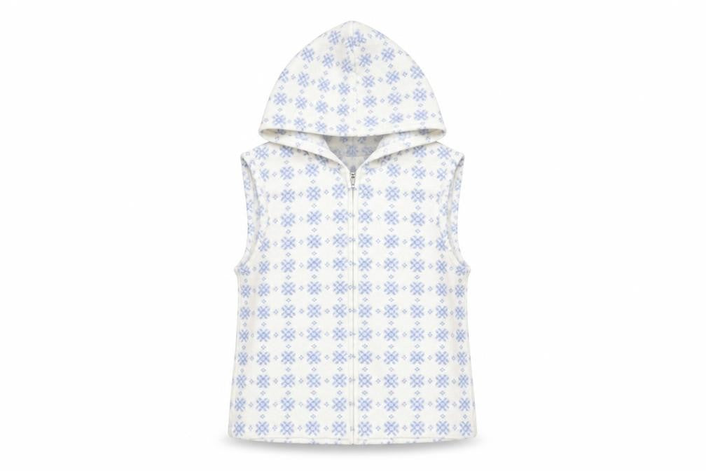 Front view of Gap Kids White Blue Fair Isle Fleece Hooded Vest XS (4) girls’