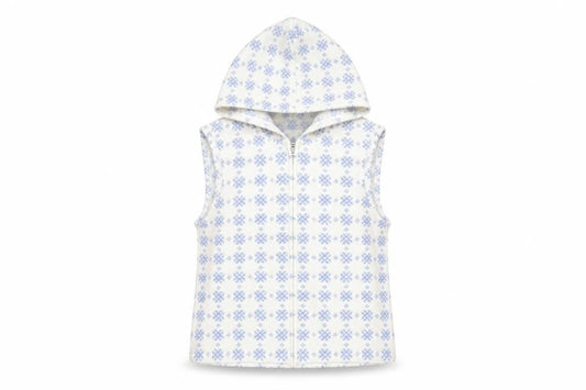 Front view of Gap Kids White Blue Fair Isle Fleece Hooded Vest XS (4) girls’