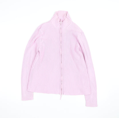 Next Women Pink Ribbed Full Zip High Neck Cotton Jumper Size L