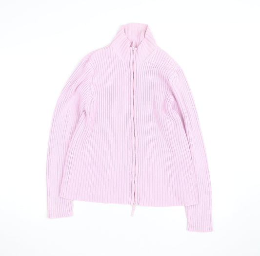 Next Women Pink Ribbed Full Zip High Neck Cotton Jumper Size L