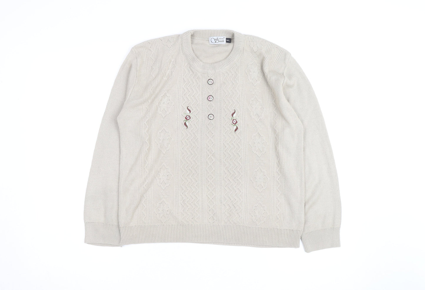 Anne Smith Women’s Beige Knit Henley Jumper M Embroidered
