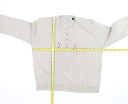 Anne Smith Women’s Beige Knit Henley Jumper M Embroidered