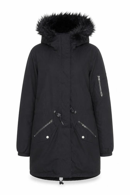 H&M Women’s Black Parka Coat Size 12 Hooded Faux Fur Trim Winter Jacket