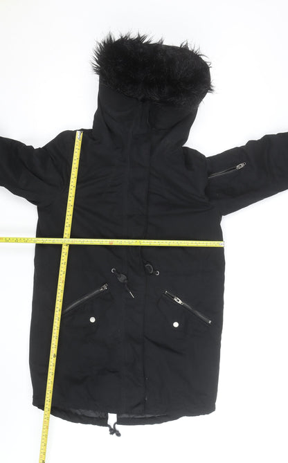 H&M Women’s Black Parka Coat Size 12 Hooded Faux Fur Trim Winter Jacket