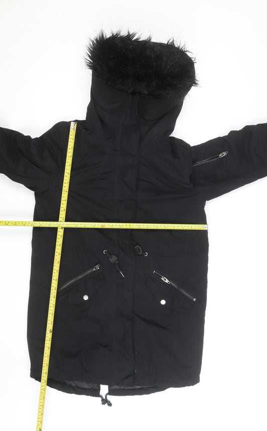 H&M Women’s Black Parka Coat Size 12 Hooded Faux Fur Trim Winter Jacket