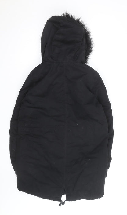 H&M Women’s Black Parka Coat Size 12 Hooded Faux Fur Trim Winter Jacket