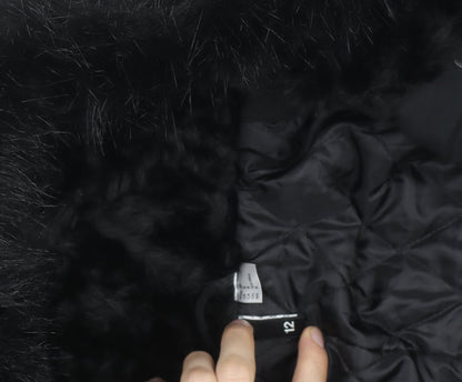 H&M Women’s Black Parka Coat Size 12 Hooded Faux Fur Trim Winter Jacket