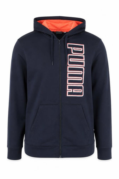 Front view of Puma men’s blue full zip hoodie, size L, sports fleece sweatshirt