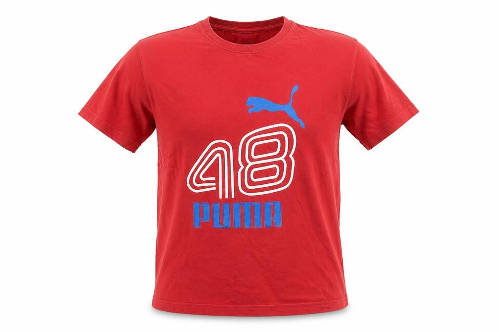 Front view of Puma Men’s Red Graphic Sports T-Shirt, size S, Cotton Crew Neck